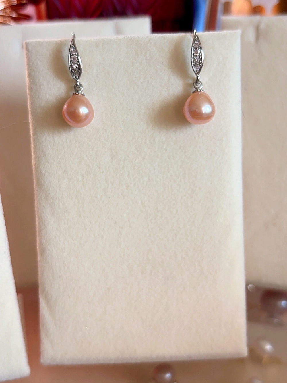 Champagne Pink Pearl Fish Hook Tear Drop Earrings with Pavé Accents | Freshwater